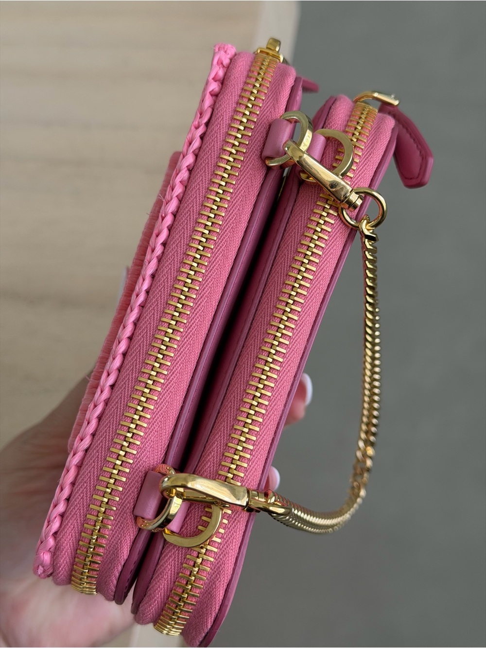 Prada Raffia Calfskin Crochet Logo Embroidered Mini Triangle Pouch Petalo - Picture 3 of 8
